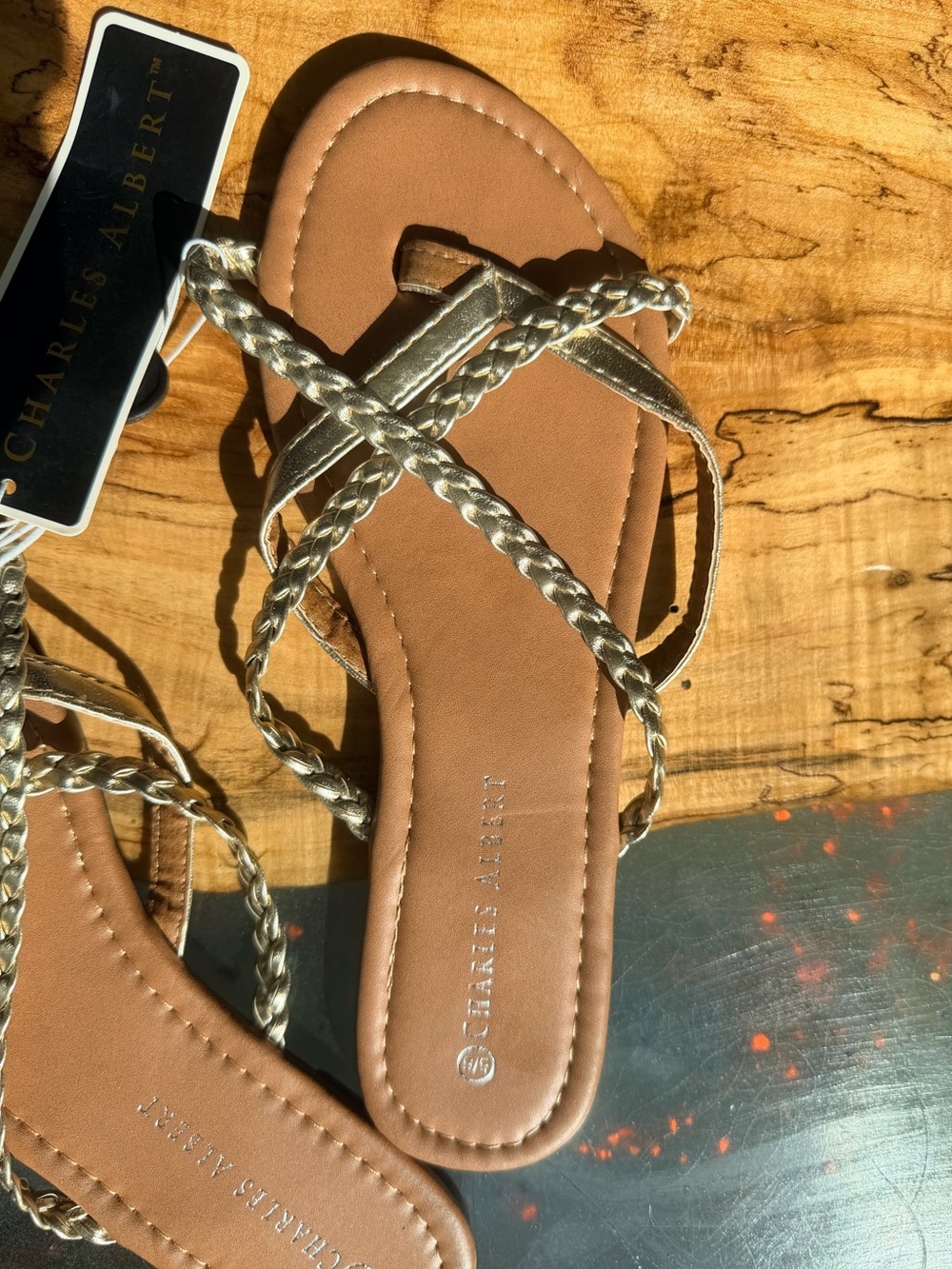 Charles Albert Gold Braided Strap Sandals NWT Flat Slide Thong Size 5/6